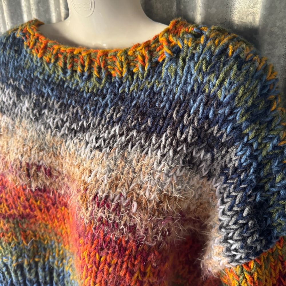 Hand Knit Chunky Stripe Sweater Oversized Crop Rainbow Large Pullover handmade - Picture 8 of 15